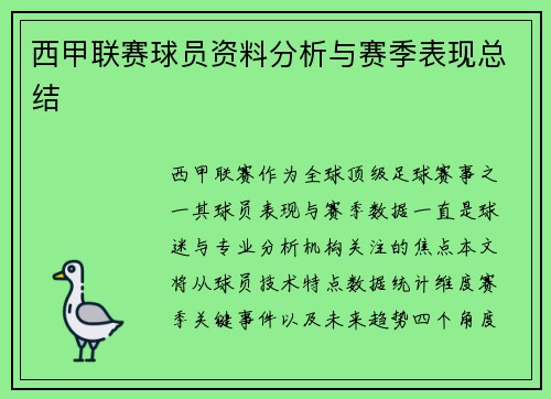 西甲联赛球员资料分析与赛季表现总结
